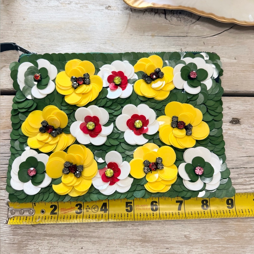 Floral 3D Beaded Clutch. Green | Yellow | Vibrant | Unique | Glam | 9x6 | EUC - Picture 7 of 8